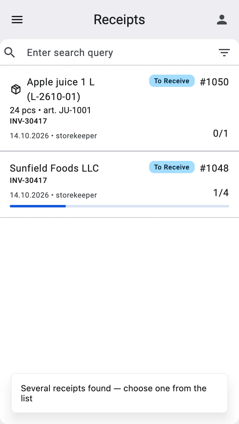 The receipt list narrowed to the receipts matching the scan, with the Several receipts found — choose one from the list message