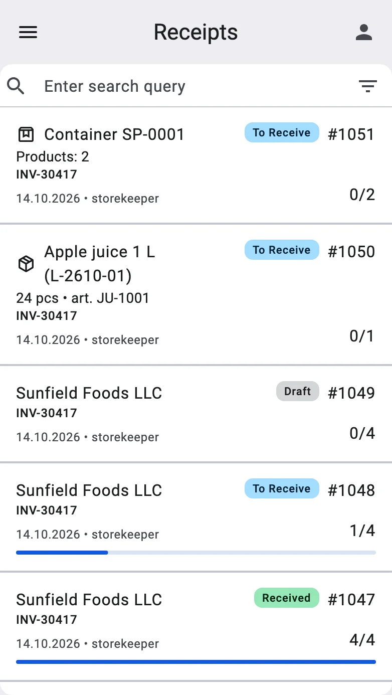 The receipt list with a single-line product row (name, quantity, article) and a single-line container row (Container with its code and the products count)