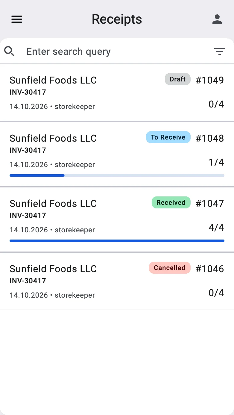 The receipt list: the search bar, the sort and filter bar and the receipt rows
