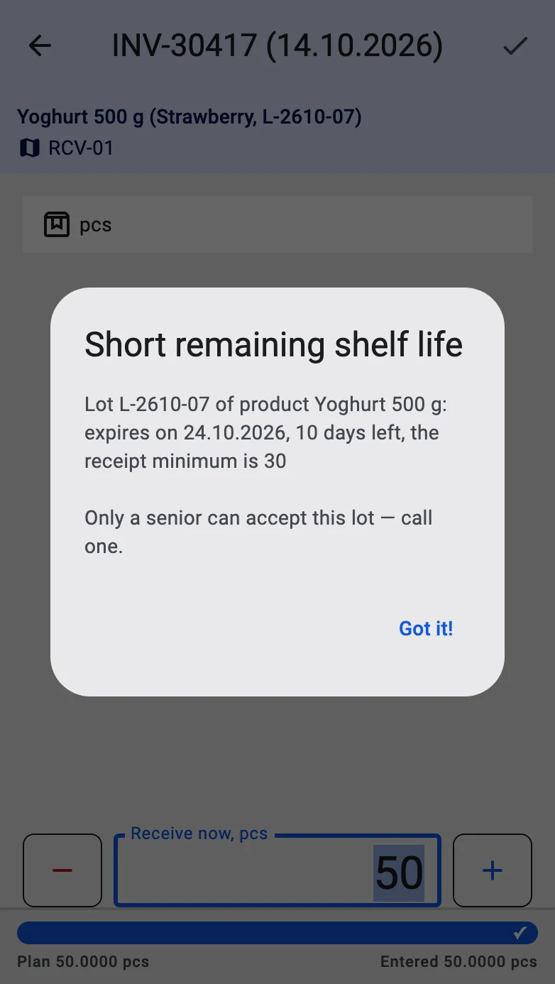 The same dialog for a user without the right: the request to call a senior and a single Got it! button