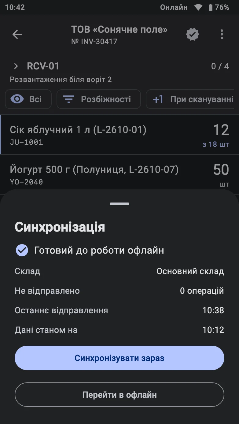 Аркуш «Синхронізація»: готовність працювати офлайн, склад, «Дані станом на», «Не відправлено» та кнопка «Синхронізувати зараз»