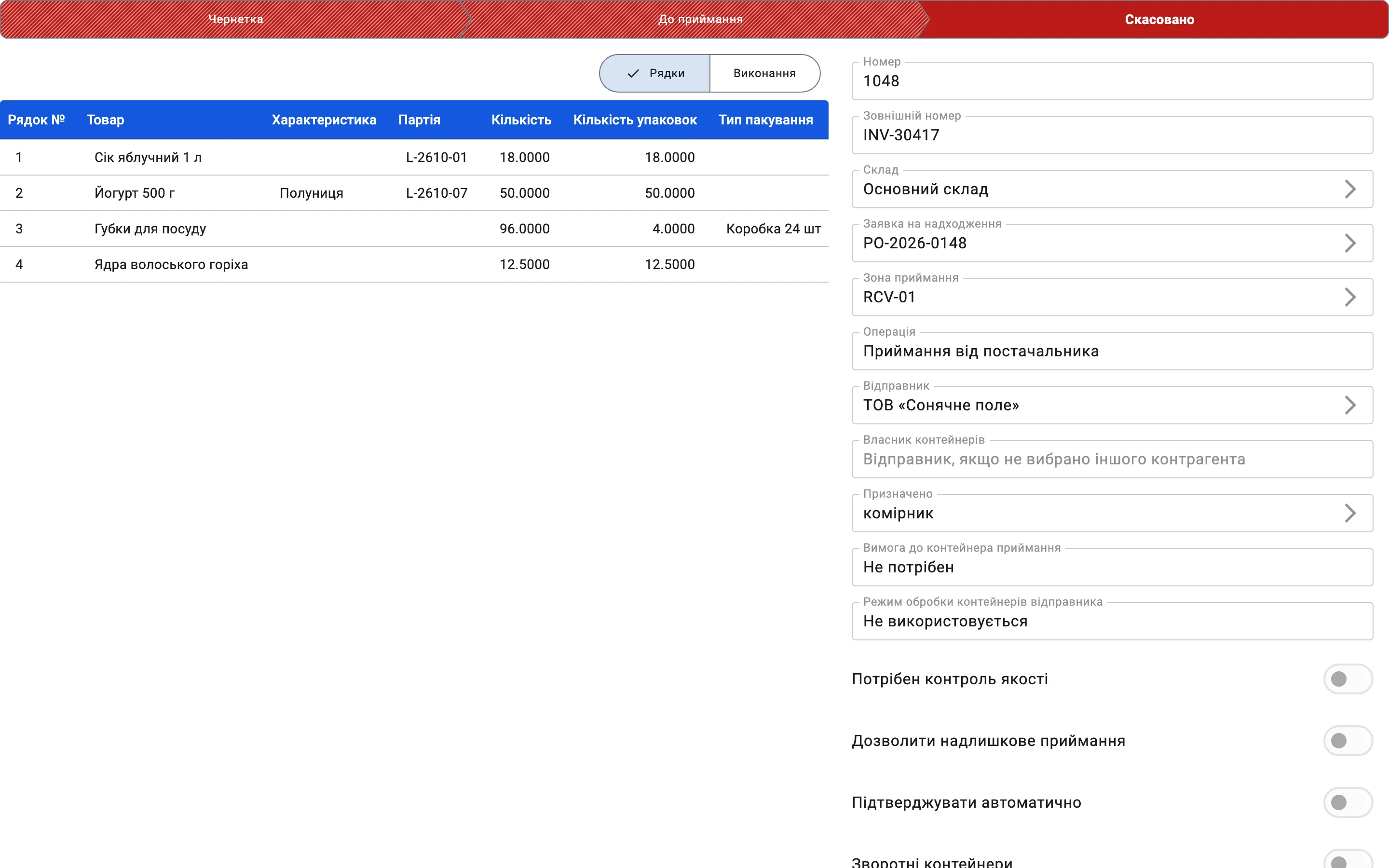 Картка документа приймання в цьому статусі зі смугою статусів, що показує, де перебуває документ