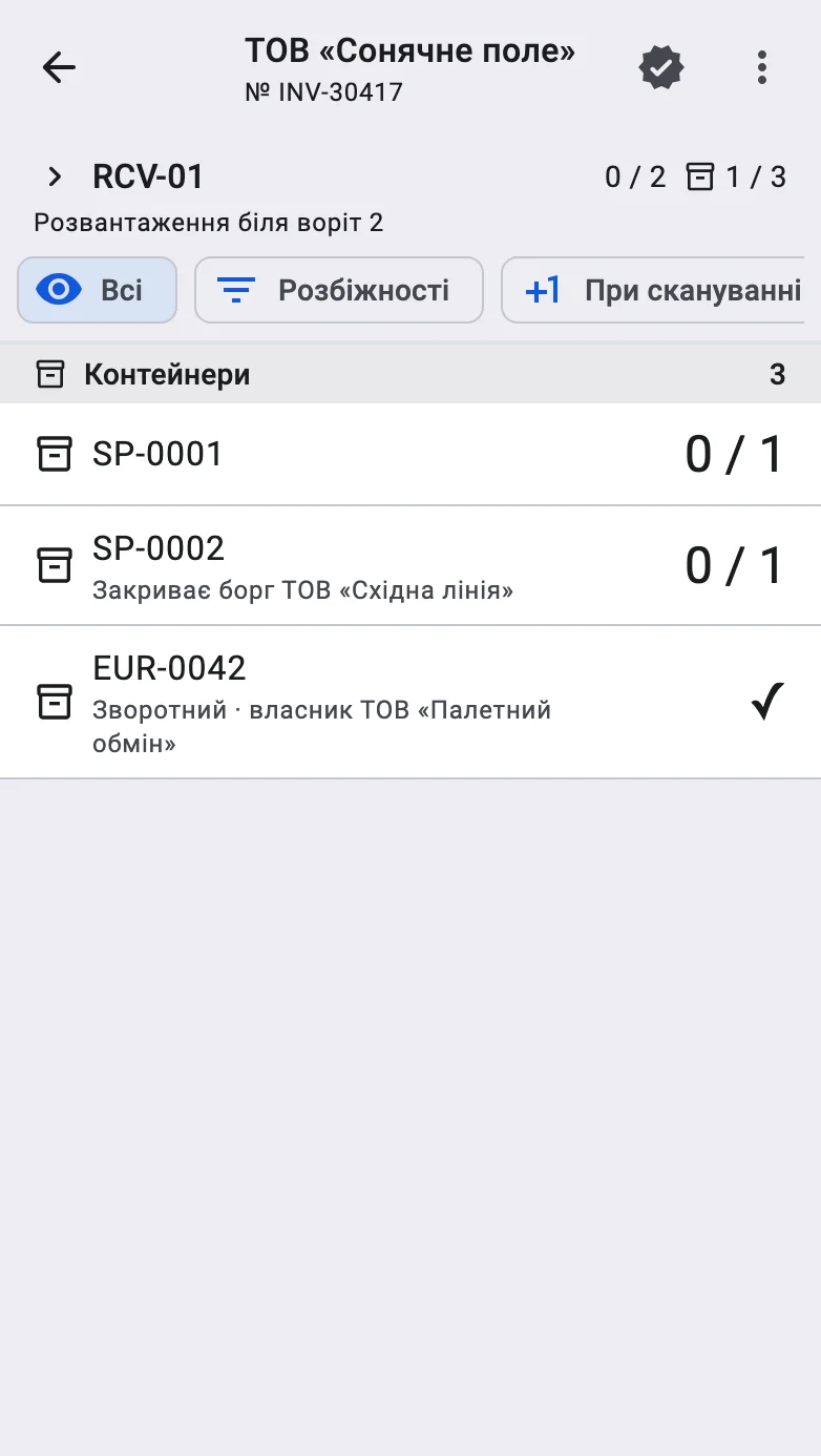 Документ приймання на терміналі з контейнерами, під кодами яких показано «Зворотний · власник …» і «Закриває борг …»