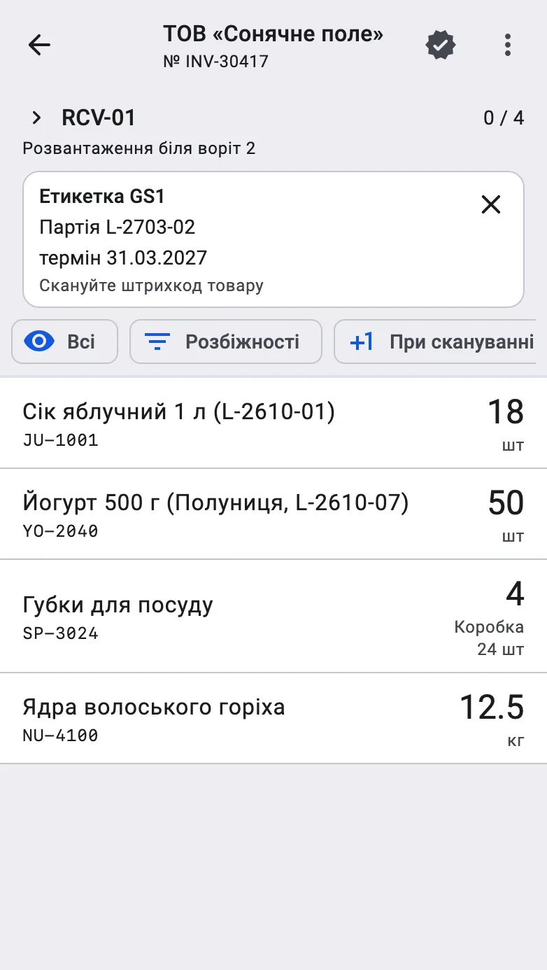 Список позицій із карткою етикетки GS1, що чекає: партія, дата закінчення терміну, підказка відсканувати штрихкод товару та хрестик скидання