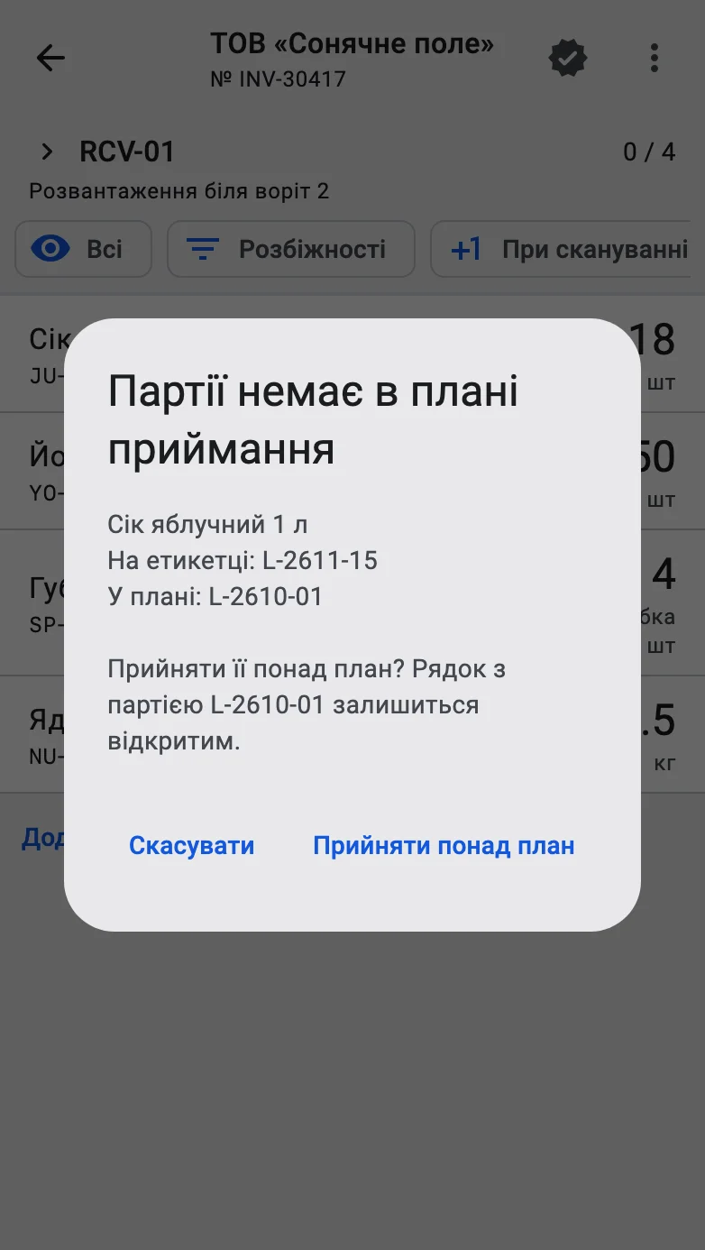 Діалог «Партії немає в плані приймання» з товаром, партією з етикетки, партіями плану та кнопками «Прийняти понад план» і «Скасувати»