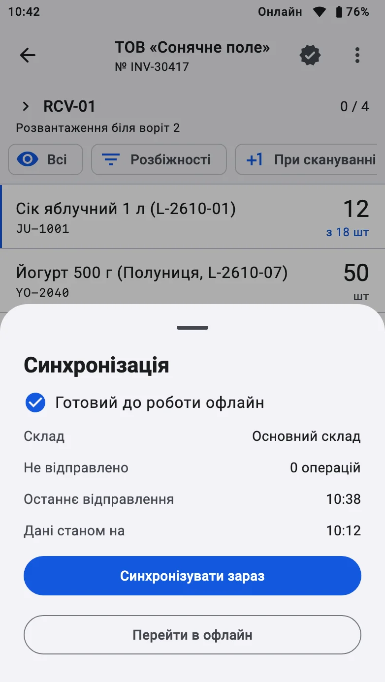 Аркуш «Синхронізація»: готовність працювати офлайн, склад, «Дані станом на», «Не відправлено» та кнопка «Синхронізувати зараз»